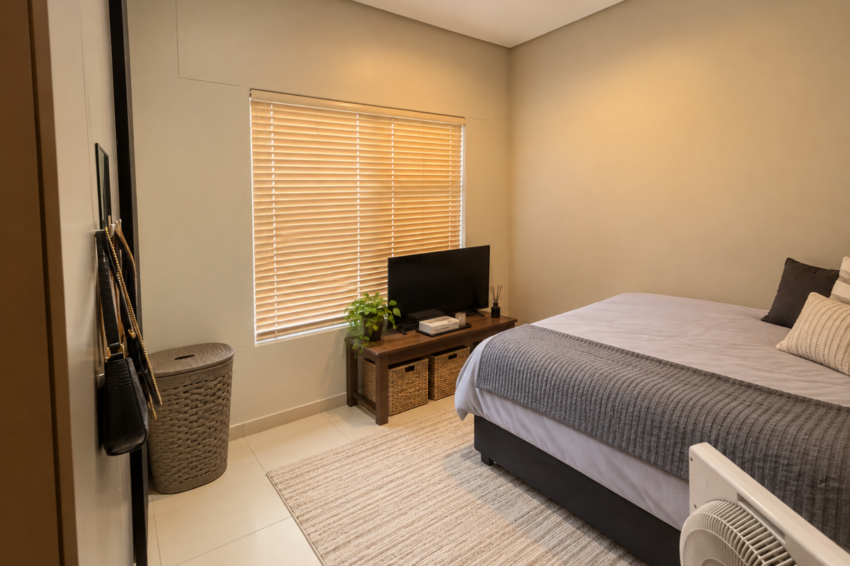A well-maintained bedroom featuring neutral walls, tiled flooring, and venetian blinds, providing a clean and comfortable living space.