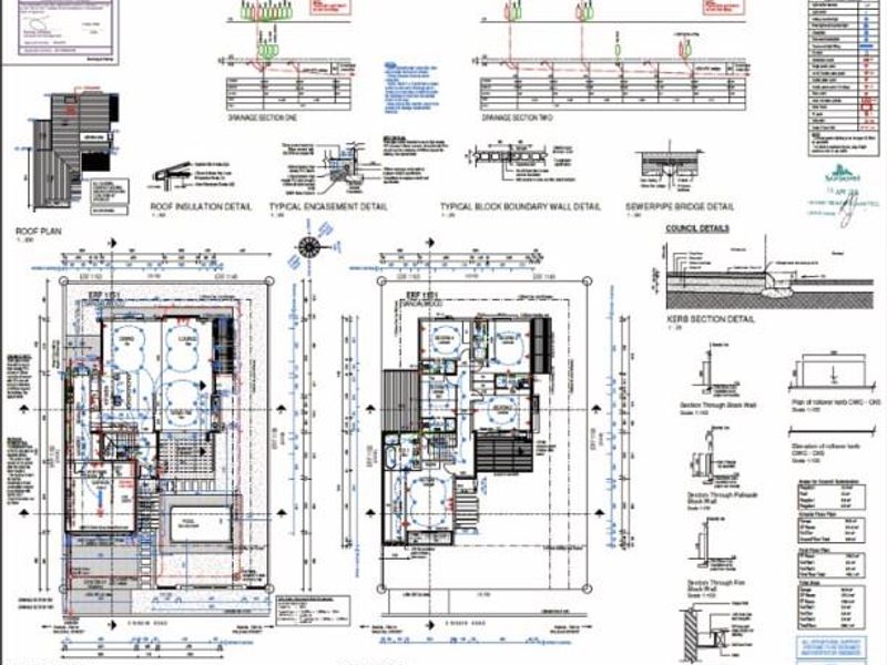 A detailed architectural floor plan and site layout document showing the ground and first floor configurations, roof plan, and technical construction details.