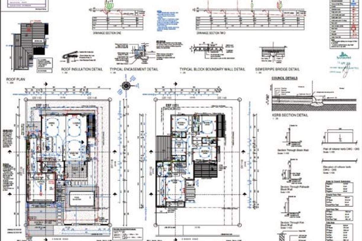 A detailed architectural floor plan and site layout document showing the ground and first floor configurations, roof plan, and technical construction details.