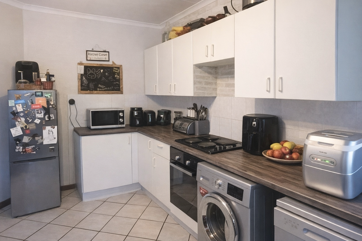 A functional kitchen featuring white cabinetry, dark laminate countertops, tiled backsplash, and integrated space for laundry appliances.