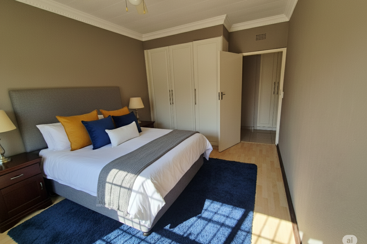 A well-maintained bedroom featuring built-in cupboards, crown molding, and laminate flooring, with an adjoining doorway leading to a secondary space.