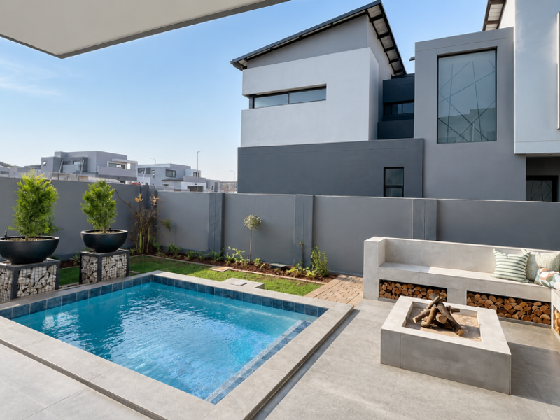 Modern outdoor entertainment area featuring a swimming pool, built-in concrete bench seating with integrated firewood storage, and a central fire pit.