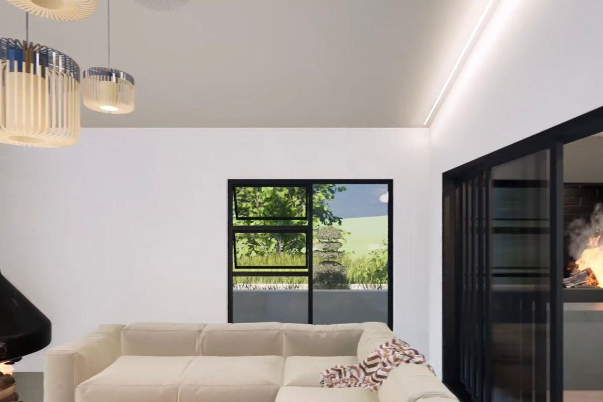 Modern living area featuring a suspended fireplace, recessed ceiling lighting, and large sliding glass doors opening to an outdoor space.