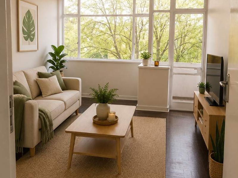 A bright and inviting living room featuring dark parquet flooring, large windows providing natural light, and a glass-paneled door leading to an outdoor area.