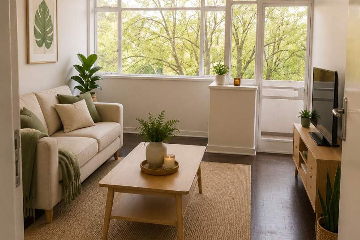 A bright and inviting living room featuring dark parquet flooring, large windows providing natural light, and a glass-paneled door leading to an outdoor area.
