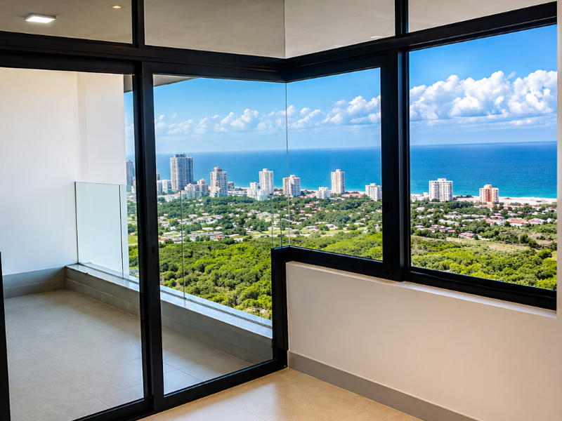 A bright, modern, and empty living area featuring expansive floor-to-ceiling corner windows with panoramic ocean and coastal views and access to a private balcony.