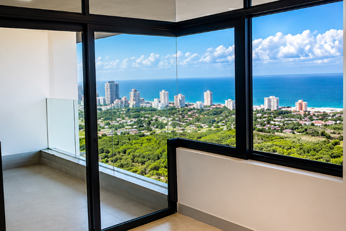 A bright, modern, and empty living area featuring expansive floor-to-ceiling corner windows with panoramic ocean and coastal views and access to a private balcony.