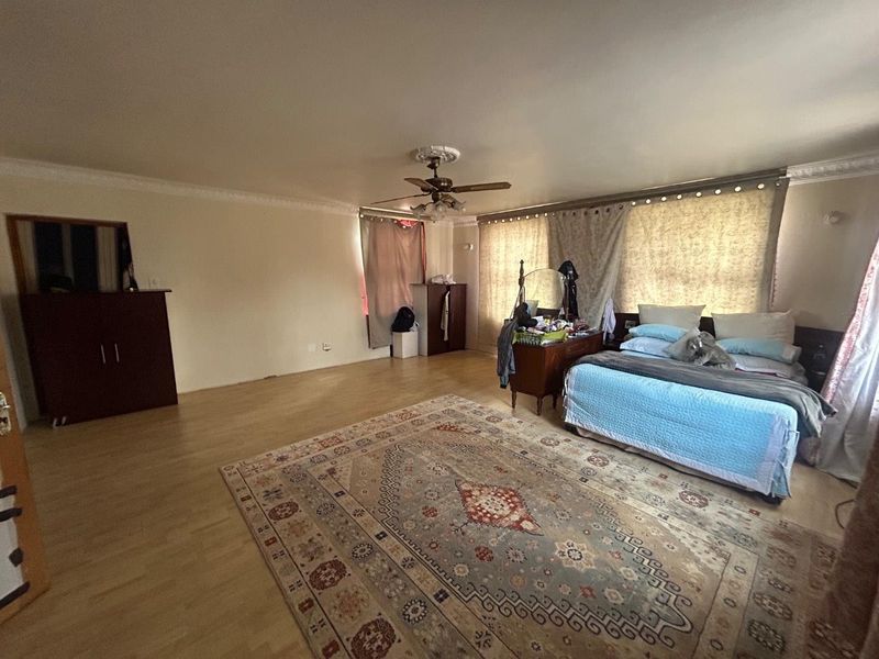 Spacious bedroom featuring laminate flooring, decorative ceiling rose with a central fan, and large windows providing ample natural light.