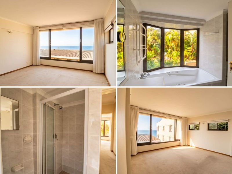 A collage of interior views showing an empty bedroom with ocean views and a bathroom featuring a built-in tub and shower enclosure.