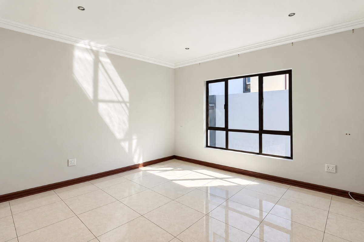 A bright, empty bedroom featuring neutral walls, tiled flooring, recessed lighting, and large aluminium-framed windows.