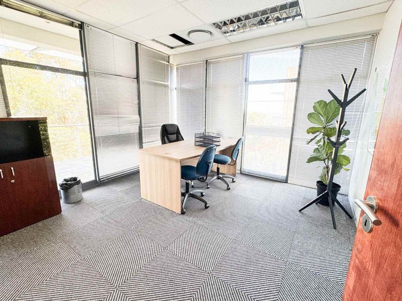 A functional office space featuring carpet tiles, large windows with venetian blinds, and a suspended ceiling with recessed lighting.