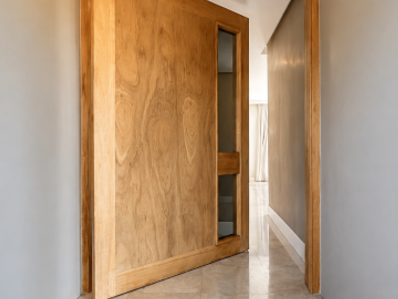 A modern hallway featuring polished stone tile flooring, recessed ceiling lighting, and a high-quality solid timber pivot door with glass inserts.