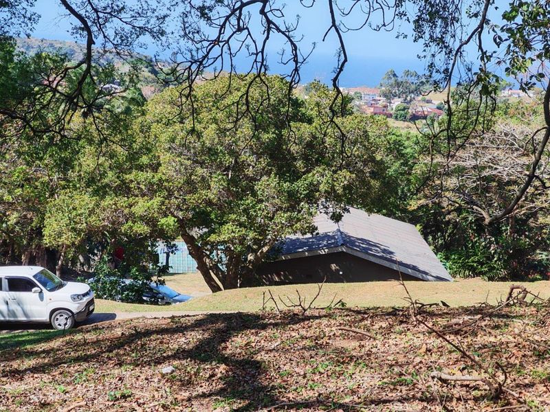 A scenic view of the surrounding landscape and distant coastal area, framed by mature trees on a sloped residential plot.