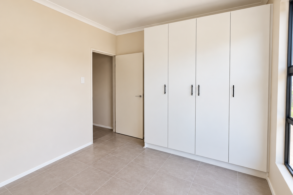A bright, empty bedroom featuring neutral tiled flooring, a large window, and modern white built-in cupboards with black hardware.