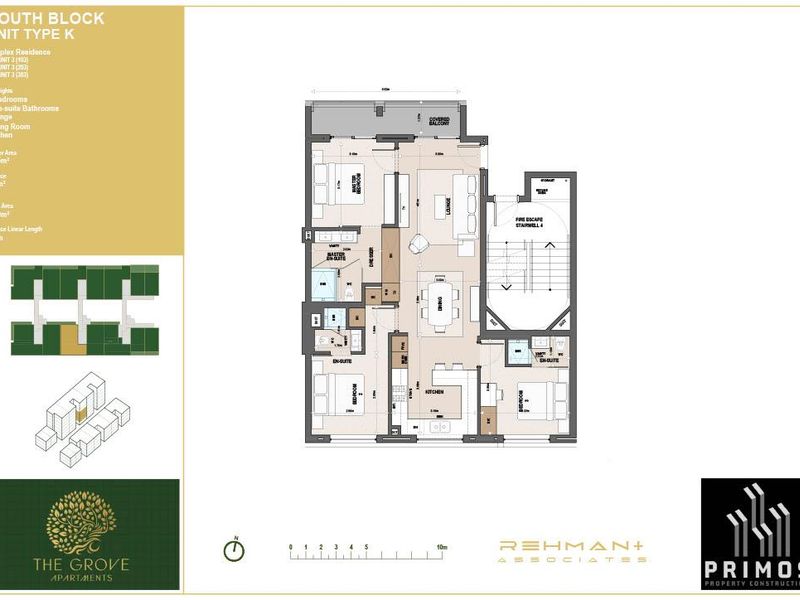 Architectural floor plan for a three-bedroom apartment unit featuring three en-suite bathrooms, an open-plan living and dining area, kitchen, and a covered balcony.