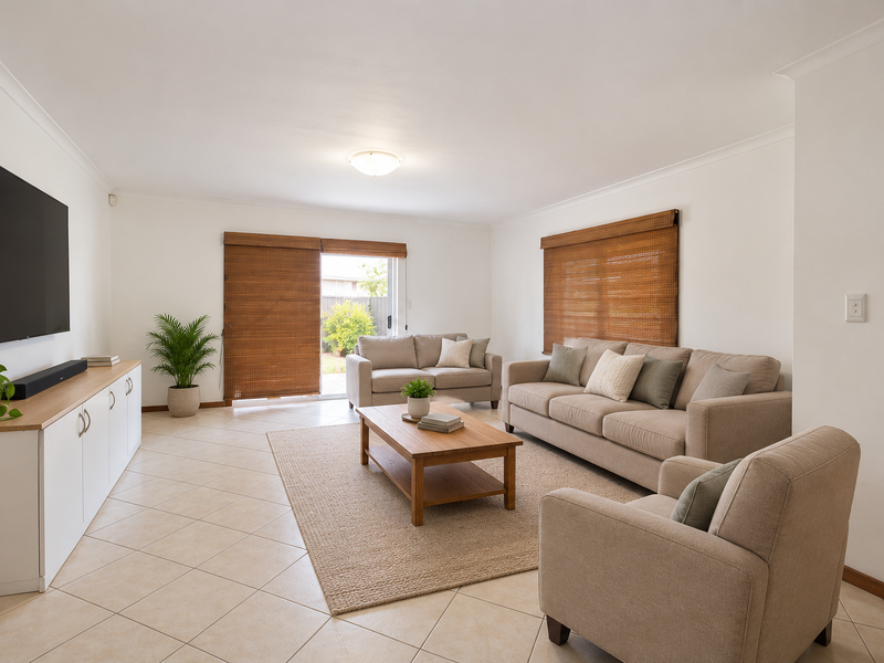A bright and spacious living room featuring neutral tiled flooring, a sliding glass door providing outdoor access, and clean white walls.