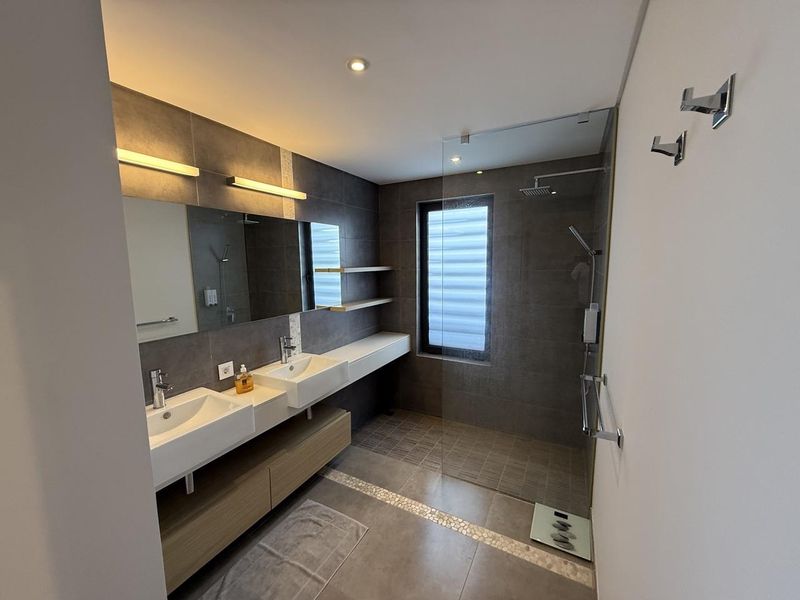 Modern bathroom featuring a double vanity with wall-mounted cabinetry, a spacious walk-in shower with a glass screen, and contemporary grey tiling.