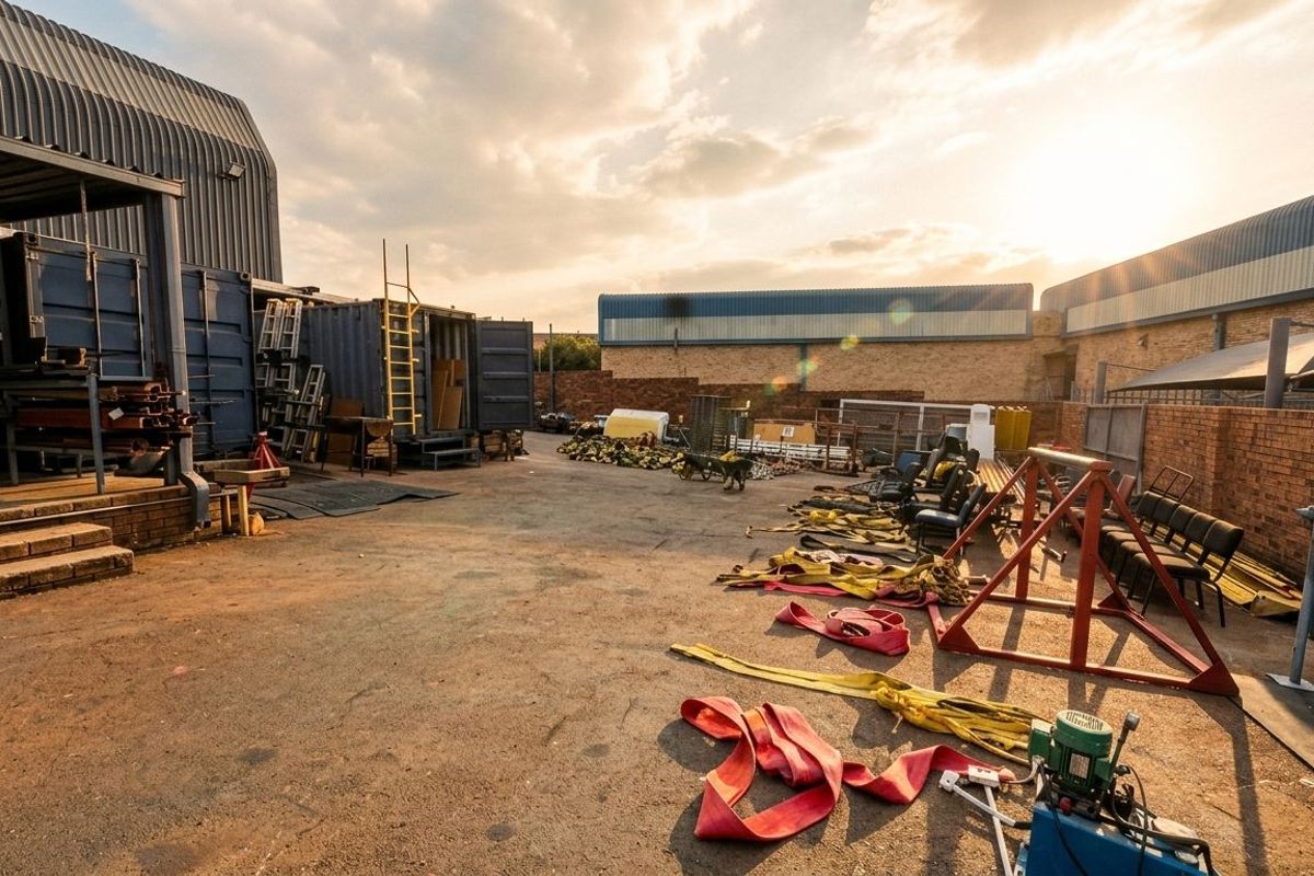 Spacious industrial yard area featuring metal warehouse structures, brick boundary walls, and concrete surfacing, suitable for storage or operational use.