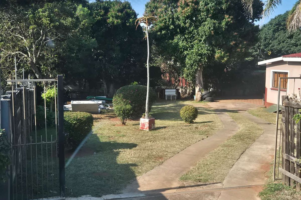 A view of the rear garden area featuring a concrete driveway, established trees, and perimeter fencing.