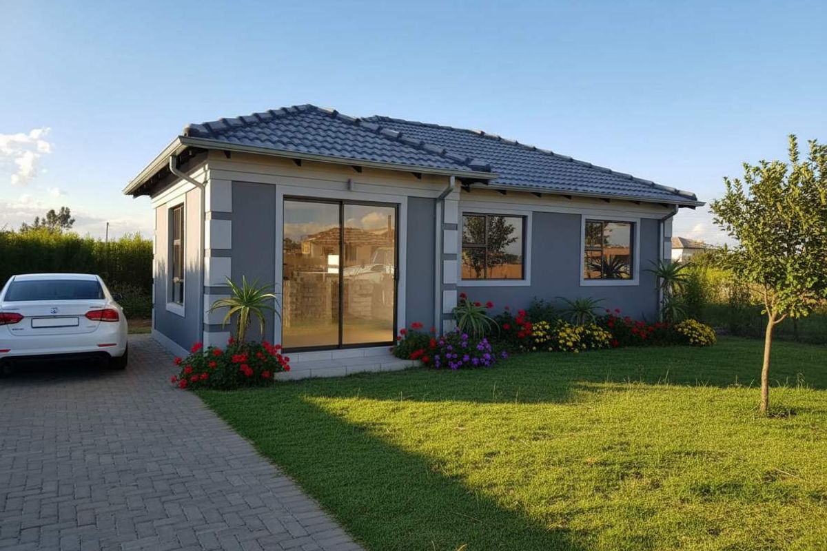 A well-maintained modern single-story home featuring a grey facade, tiled roof, and a paved driveway set within a neat garden.