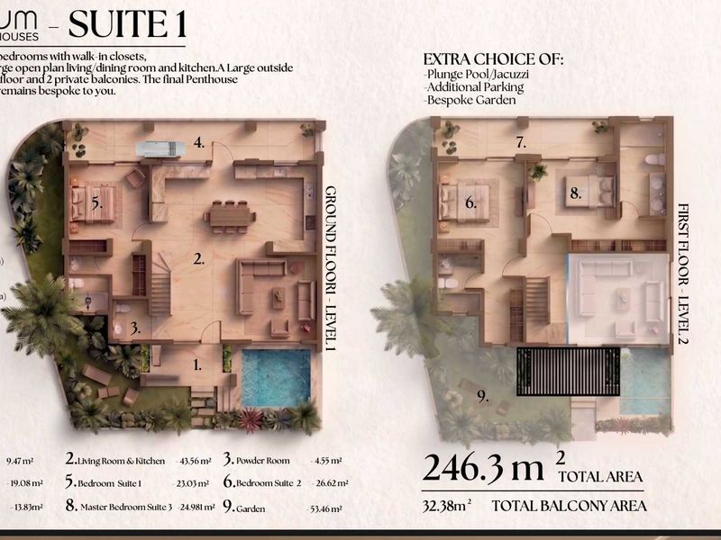 Architectural floor plan for a luxury apartment suite featuring three bedrooms, open-plan living areas, multiple balconies, and a private garden.