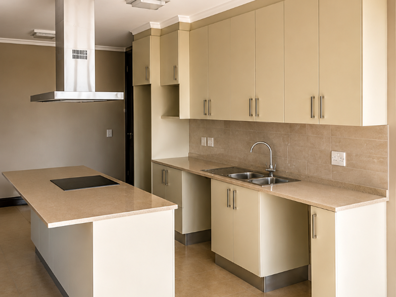 A modern, empty kitchen featuring light-toned cabinetry, stone countertops, a central island with a built-in hob, and a stainless steel extractor fan.