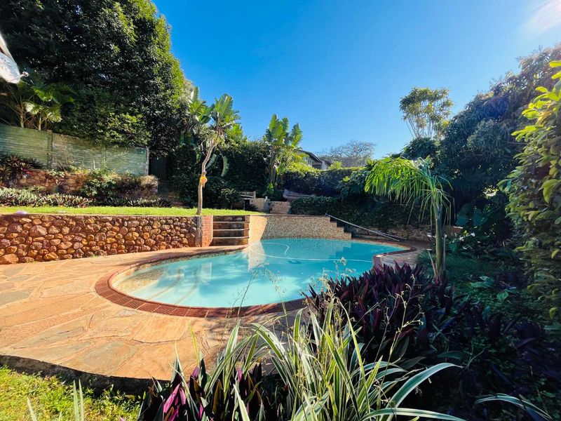 A landscaped backyard featuring a curved swimming pool with stone paving, tiered garden beds, and established greenery.