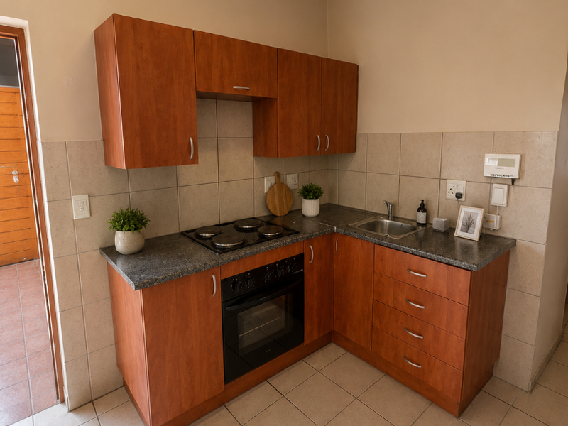 Compact kitchen featuring wood-finish cabinetry, granite countertops, built-in oven and hob, and neutral ceramic tiling throughout.