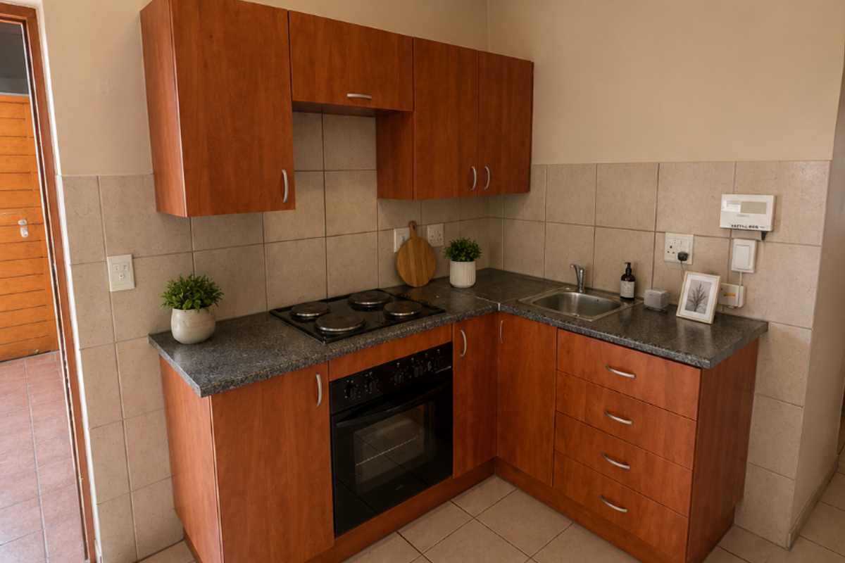 Compact kitchen featuring wood-finish cabinetry, granite countertops, built-in oven and hob, and neutral ceramic tiling throughout.