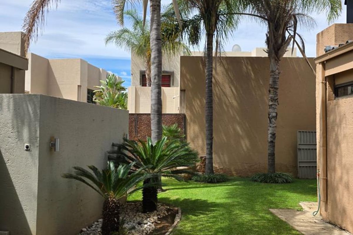 A well-maintained rear garden featuring mature palm trees, a manicured lawn, and paved pathways between townhouse units.