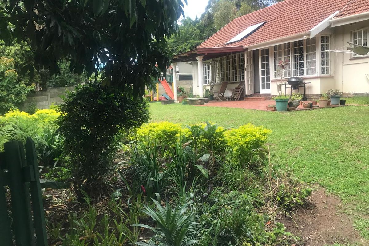 A view of the rear garden and patio area, featuring a tiled roof, solar water heater, and established landscaping.