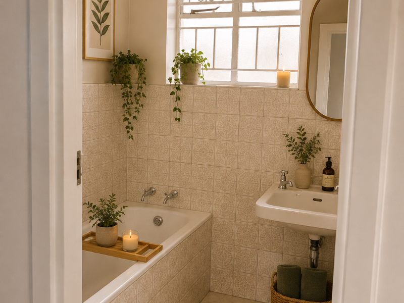 A well-maintained bathroom featuring a built-in bathtub, wall-mounted basin, and decorative tiled walls, complemented by a window with security bars.