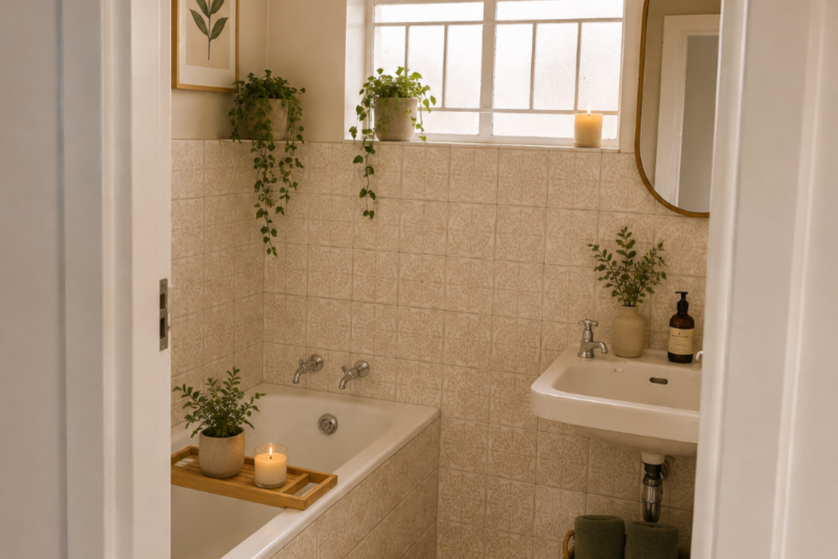 A well-maintained bathroom featuring a built-in bathtub, wall-mounted basin, and decorative tiled walls, complemented by a window with security bars.