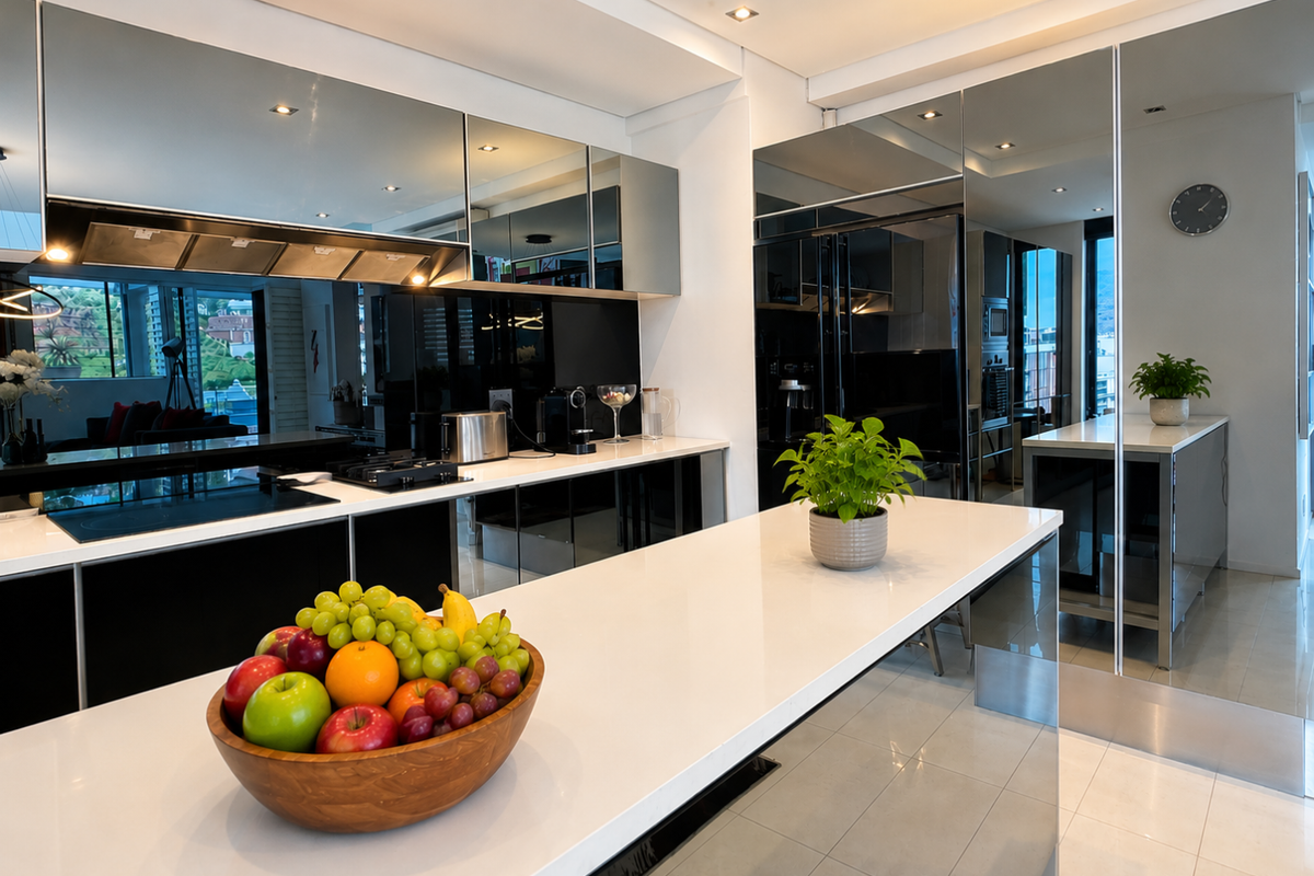 Modern luxury kitchen featuring high-gloss cabinetry, a spacious stone-topped island, integrated appliances, and sleek mirrored finishes for a sophisticated, contemporary aesthetic.