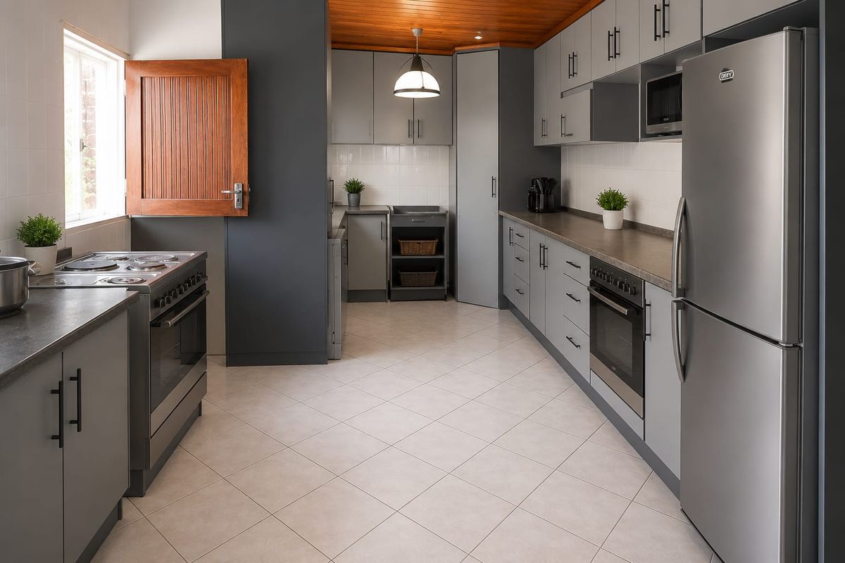 Modern kitchen featuring grey cabinetry, stone-look countertops, tiled flooring, and a warm timber-paneled ceiling with integrated oven and hob.