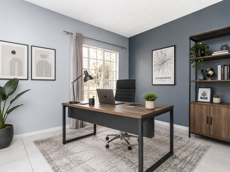 A well-lit home office featuring neutral grey walls, tiled flooring, and a large multi-pane window providing natural light.