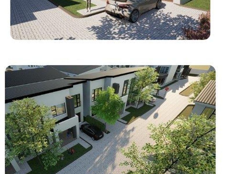 A digital architectural rendering showing the exterior facade and street view of a modern residential townhouse development.