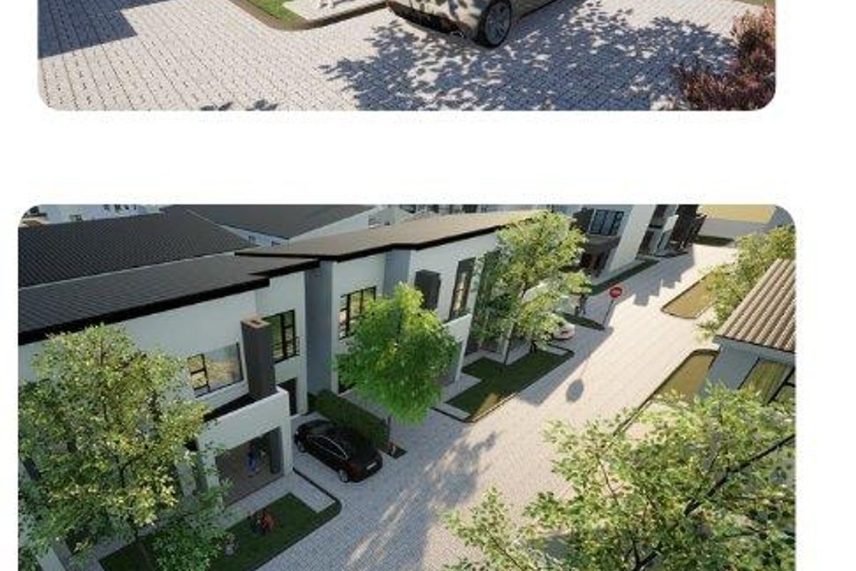 A digital architectural rendering showing the exterior facade and street view of a modern residential townhouse development.