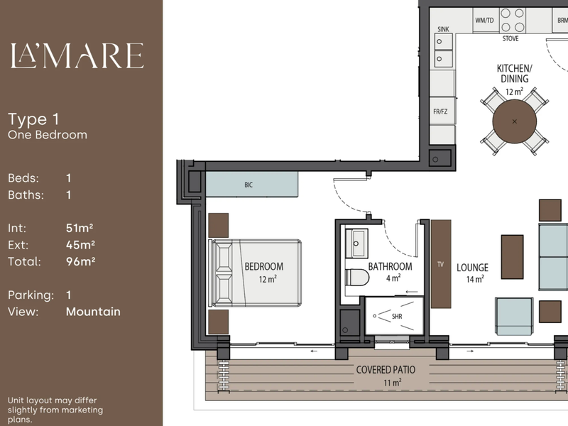 Architectural floor plan for a one-bedroom apartment featuring a kitchen, lounge, bathroom, bedroom, and covered patio.