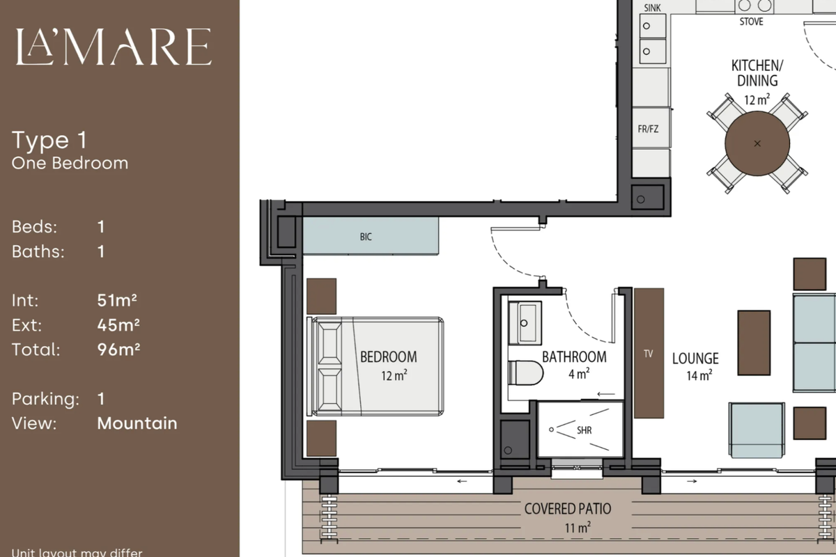 Architectural floor plan for a one-bedroom apartment featuring a kitchen, lounge, bathroom, bedroom, and covered patio.