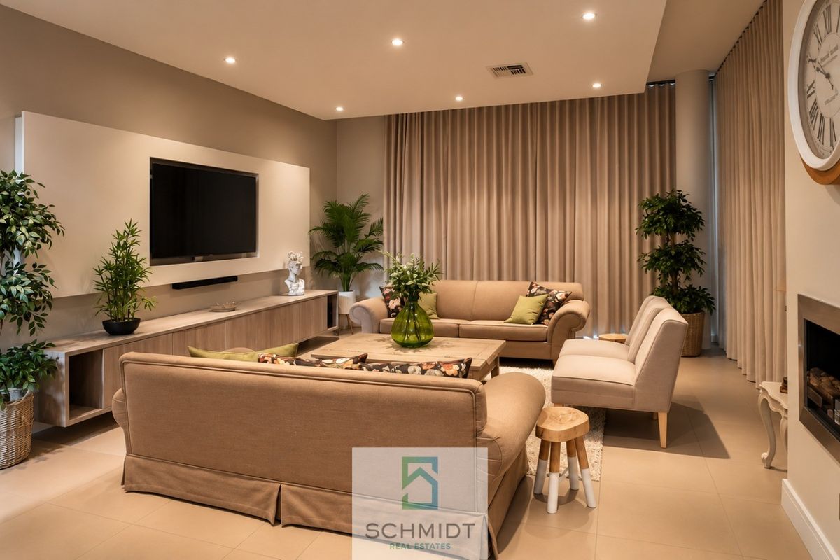 A modern, well-lit living room featuring a built-in media console, a sleek fireplace, and neutral tiled flooring with floor-to-ceiling drapery.