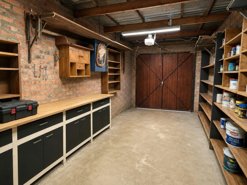 A well-maintained garage featuring exposed brick walls, timber ceiling beams, a functional built-in workbench with cabinetry, and extensive open shelving for storage.