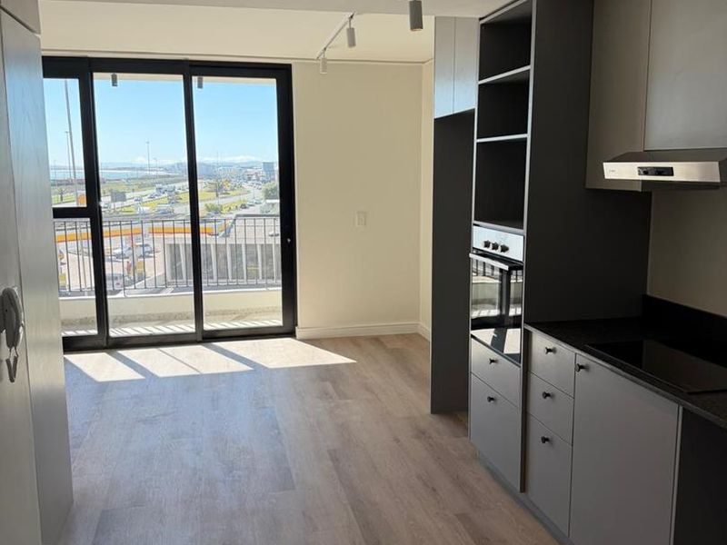Modern open-plan kitchen and living area featuring sleek grey cabinetry, integrated appliances, laminate flooring, and large sliding doors leading to a balcony with views.