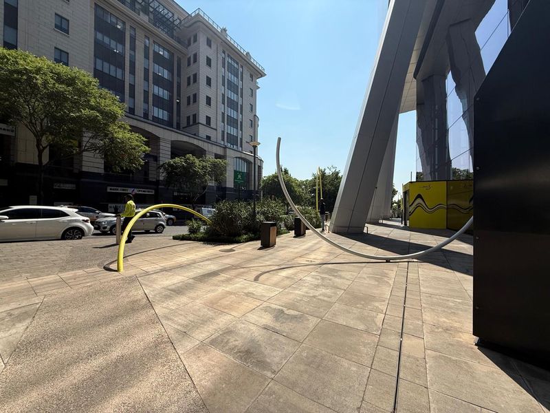 A wide-angle view of the paved exterior entrance area featuring modern structural columns and landscaped garden beds in a commercial retail setting.