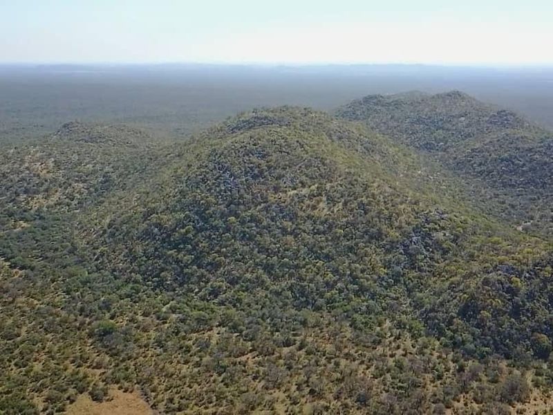 An aerial view showcasing the expansive natural landscape, rolling hills, and dense vegetation characteristic of the farm property.