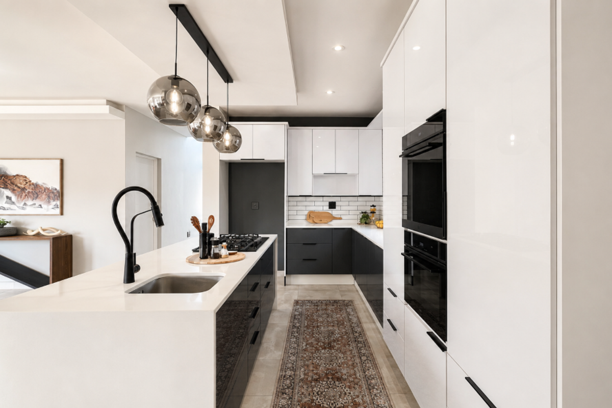 Modern kitchen featuring a large island with stone countertop, high-gloss cabinetry, integrated appliances, and stylish pendant lighting.