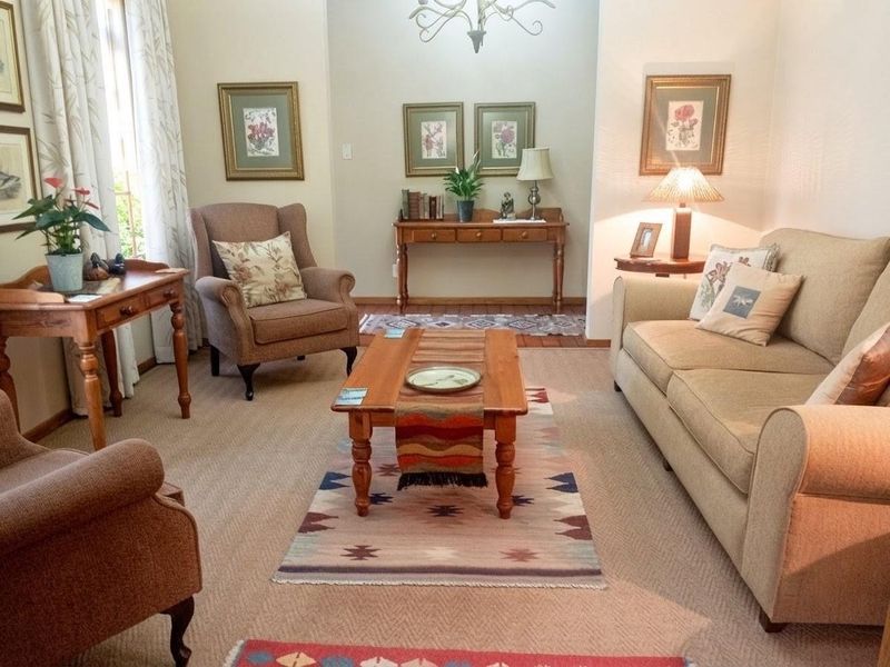 A cozy living room featuring high vaulted ceilings, neutral carpeting, and a central chandelier, offering a comfortable and inviting atmosphere.