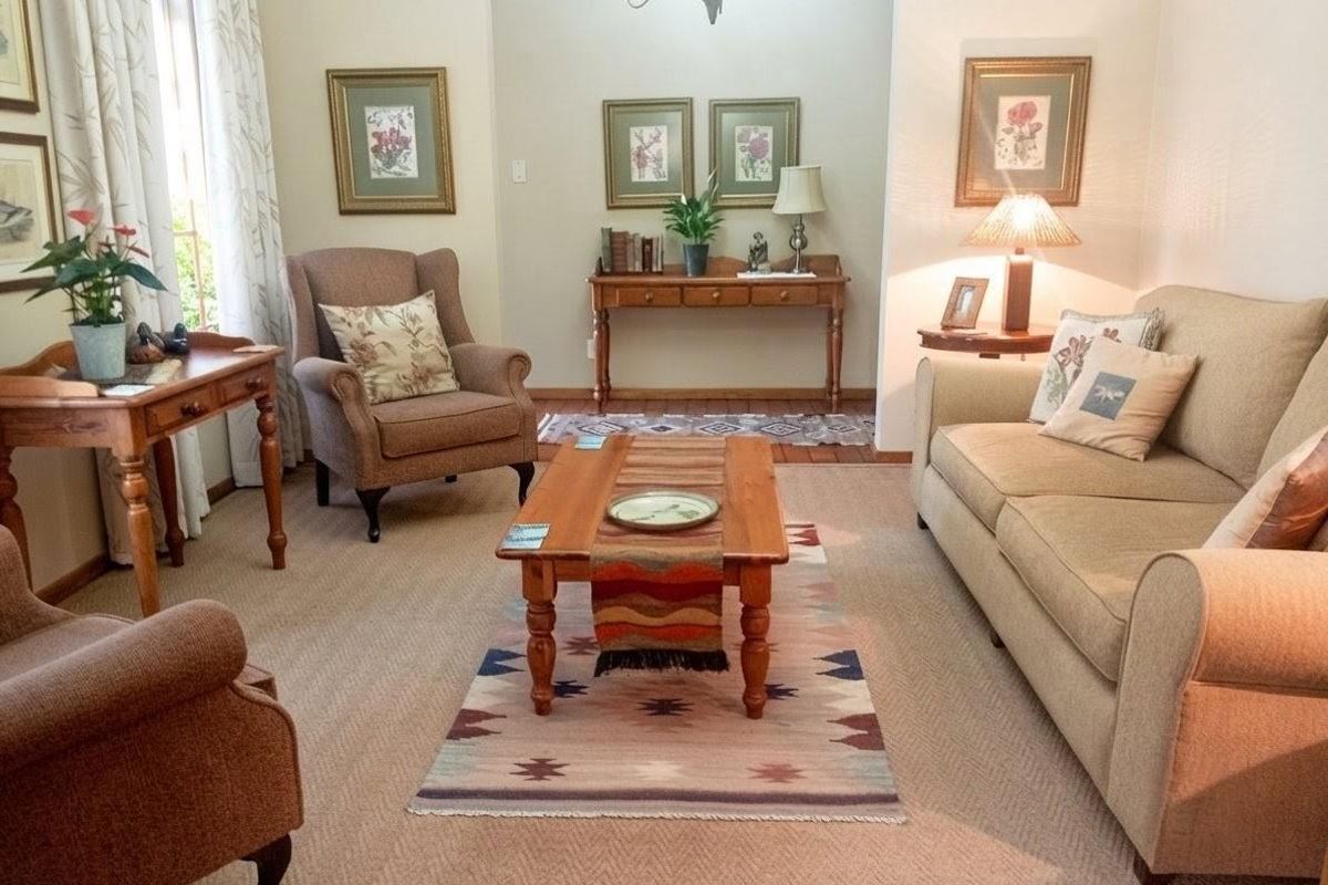 A cozy living room featuring high vaulted ceilings, neutral carpeting, and a central chandelier, offering a comfortable and inviting atmosphere.