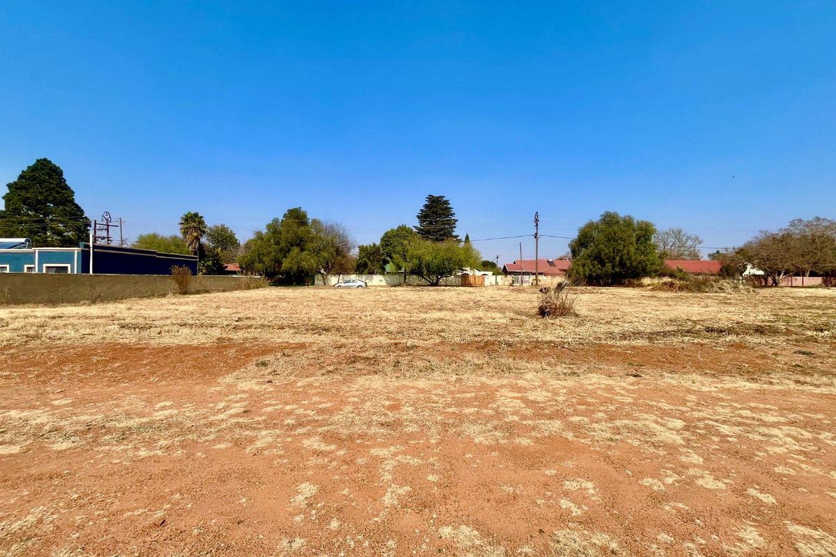 A vacant residential plot featuring dry grass, mature trees, and a perimeter wall, offering a clear space for future development.