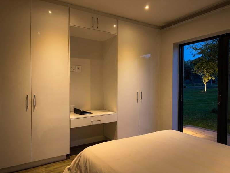 Modern bedroom featuring high-gloss built-in cupboards with an integrated desk and sliding glass doors opening to a garden view.